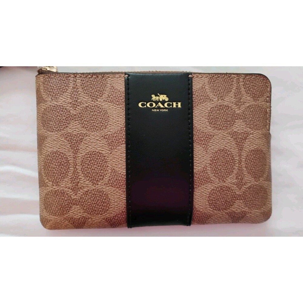 NWT COACH Corner Zip Wristlet Signature Canvas & Leather Brown Logo w/ Black
